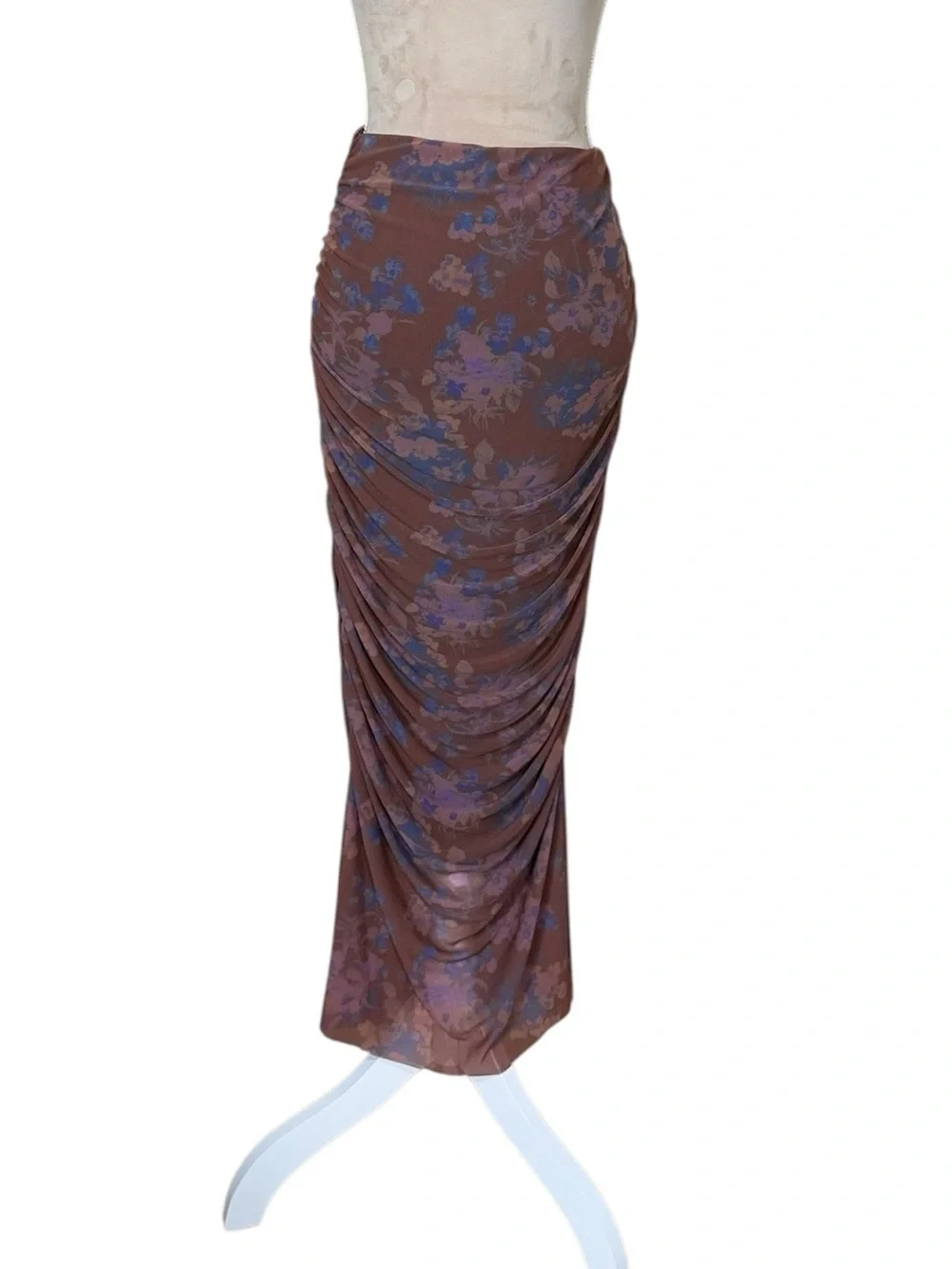 Anthropologie Floral Ruched Mesh Midi Pencil Skirt